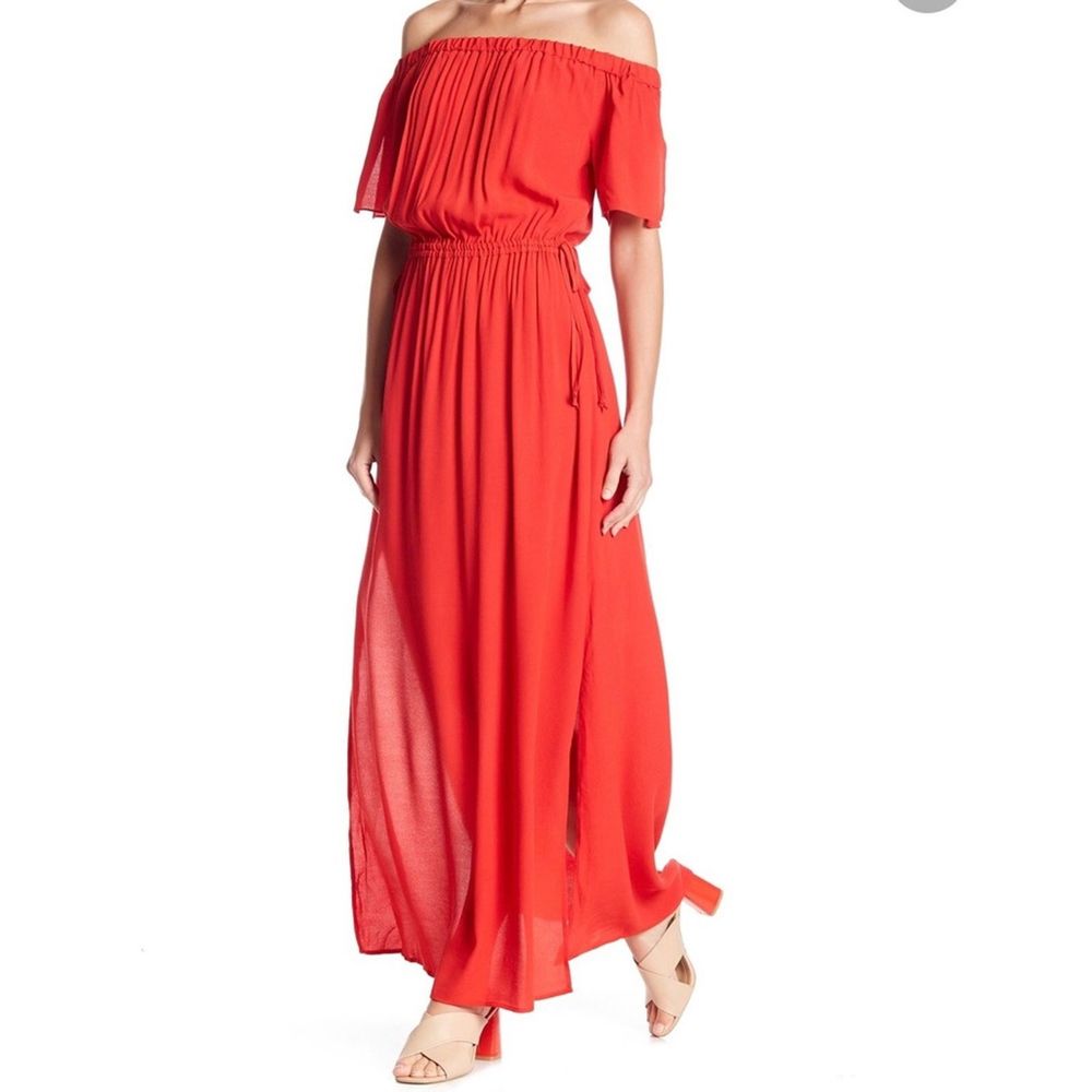 1.STATE Red Off The Shoulder Maxi Dress